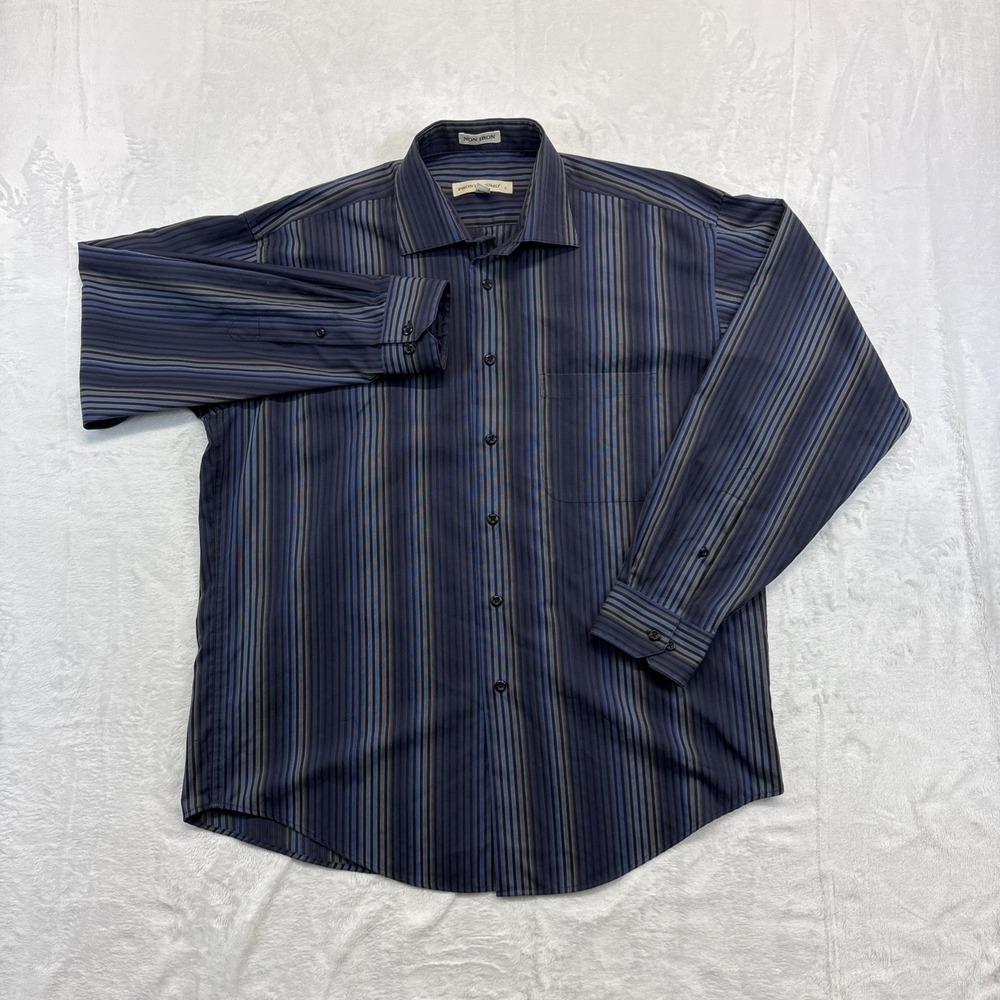 Pronto Uomo Mens Shirt LG Black/Blue Striped Long Sleeve Dress Non-Iron Business